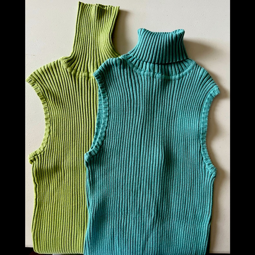 👚GAP (LOT of 2) Cotton Sleeveless Turtleneck Sweaters Sea Blue🌊 Matcha🍵 NEW